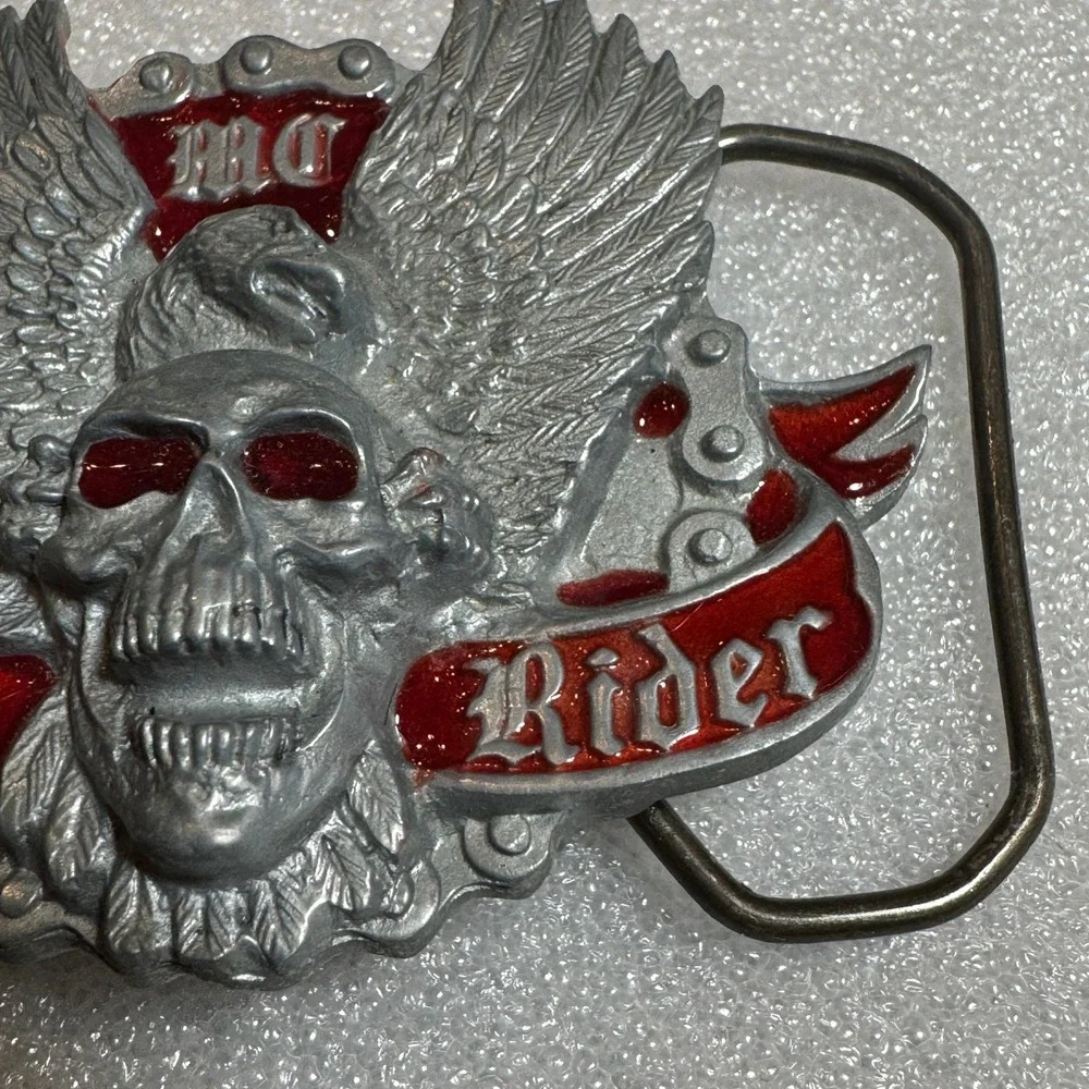 Winged Skull Eagle MC Rebel‎ Rider Belt Buckle Silver Tone Red Enamel Reissue